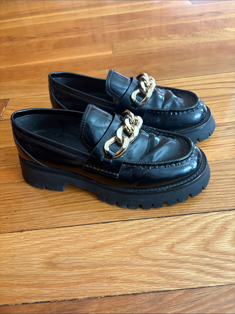 Jeffrey Campbell Black Patent Loafers with Gold Chain